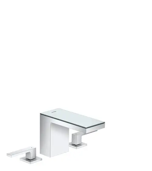 Waschtischarmatur von AXOR, bestehend aus einer Hauptarmatur mit Glas-Oberfläche und zwei schwenkbaren Bedienhebeln. Ausführung in Chrom.
